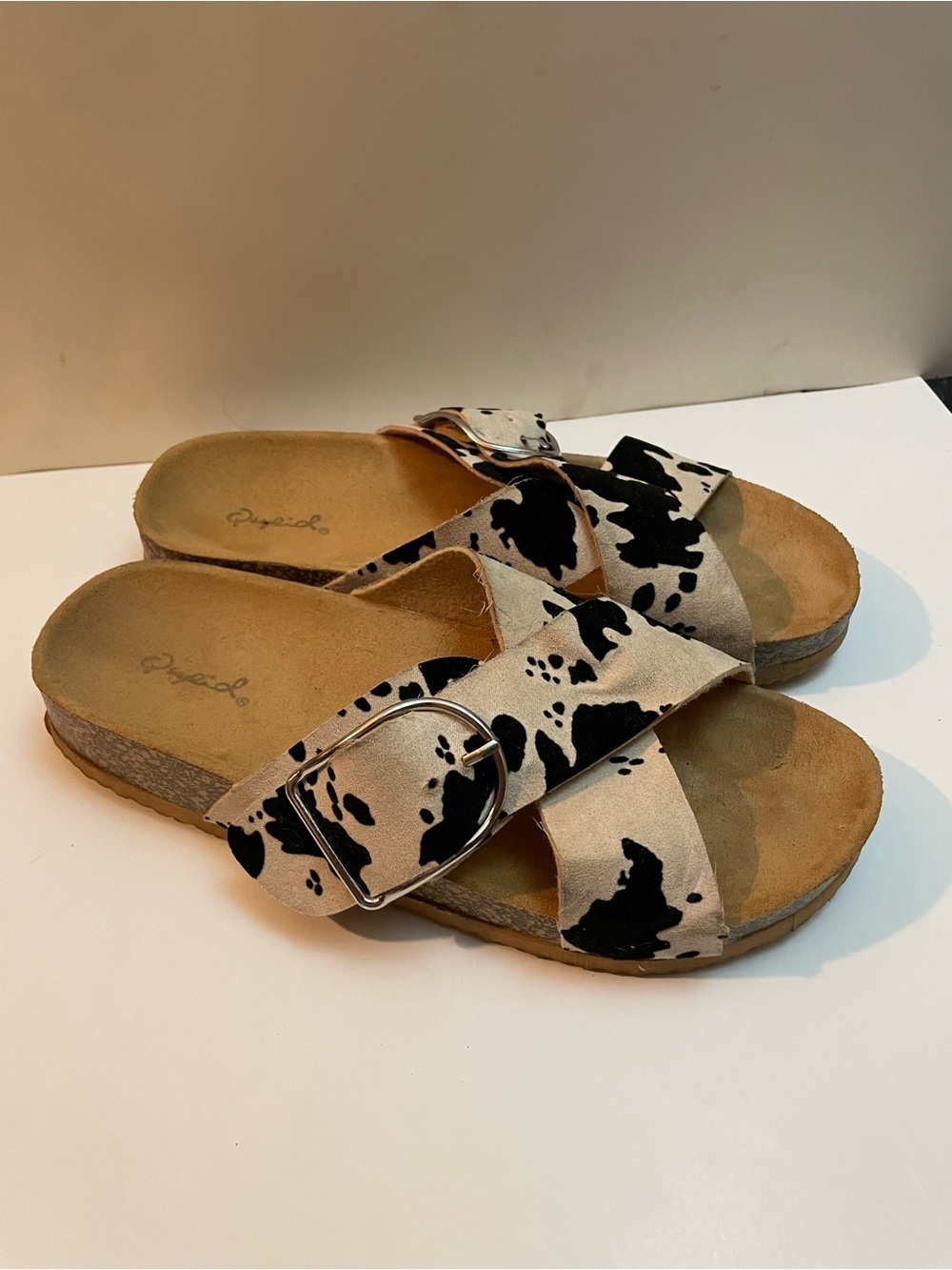 Qupid Cow-Print Buckle Slide Sandals - Beige & Black